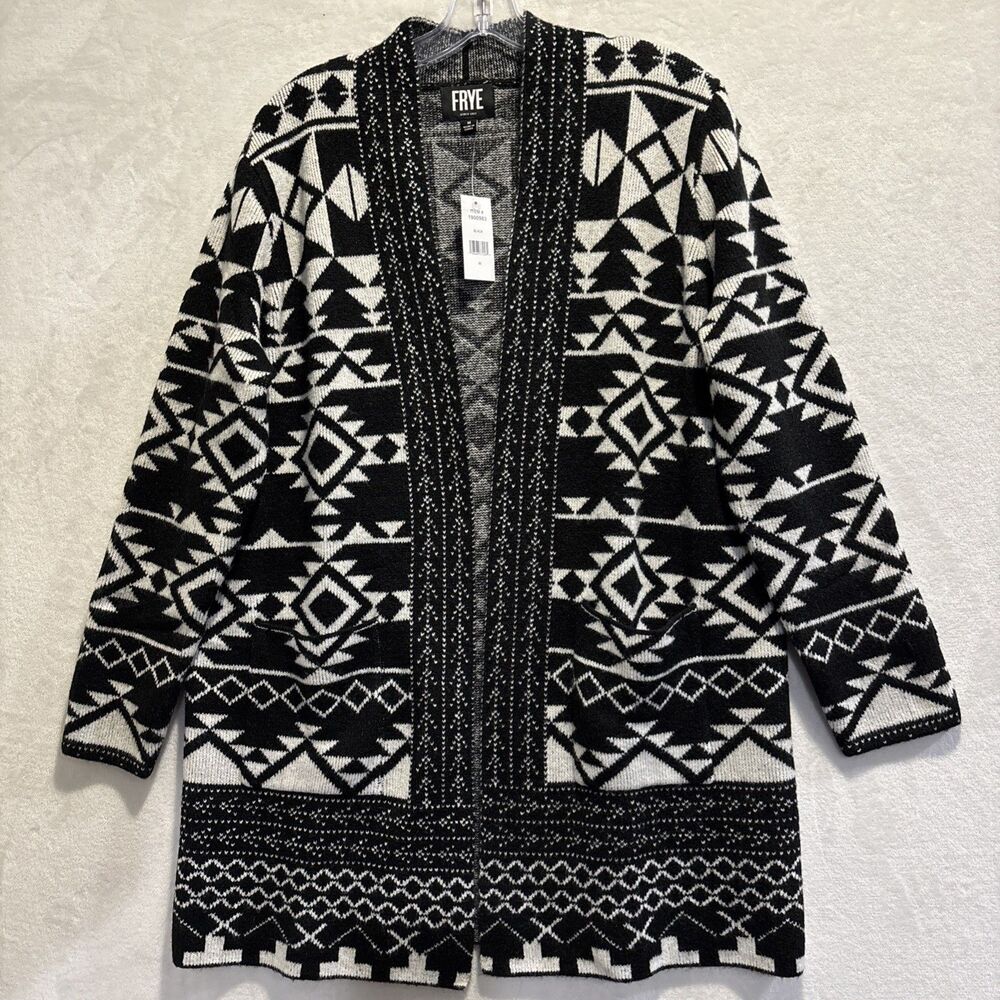 Frye Aztec Southwestern Open Front Cardigan Sweater Black White Medium NWT